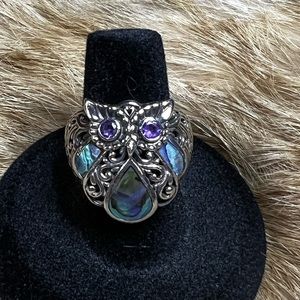 Australian Opal and Amethyst Owl Ring .925 SS Size 8